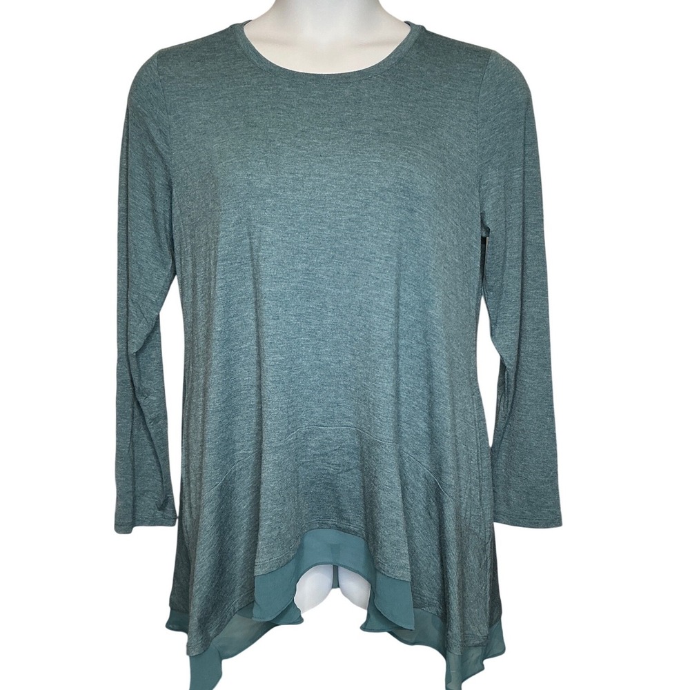 LOGO Lounge Women's Teal Blue Chiffon‎ Hem Tunic Top Sz L Pockets Flowy Coastal